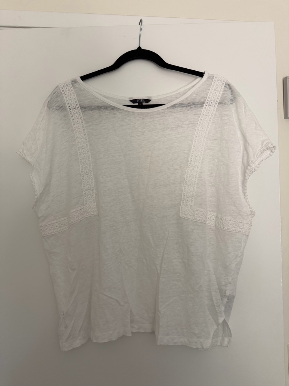NYDJ White Lightweight Lace Trim Top Blouse Size L